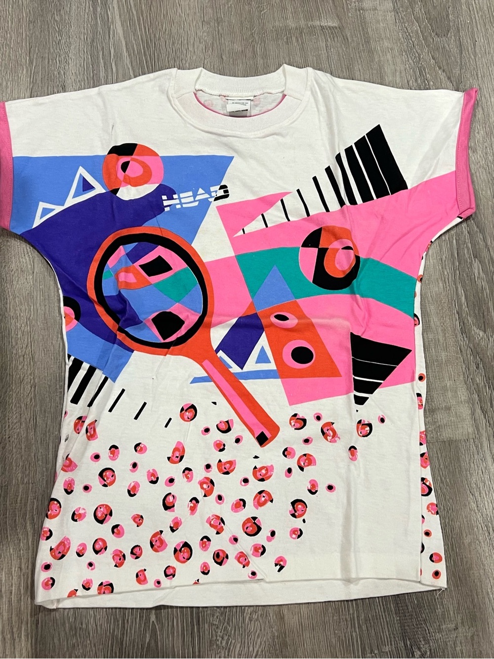 Vintage 80s Graphic Tee - White with Pink & Blue Geometric Print NWOT Head
